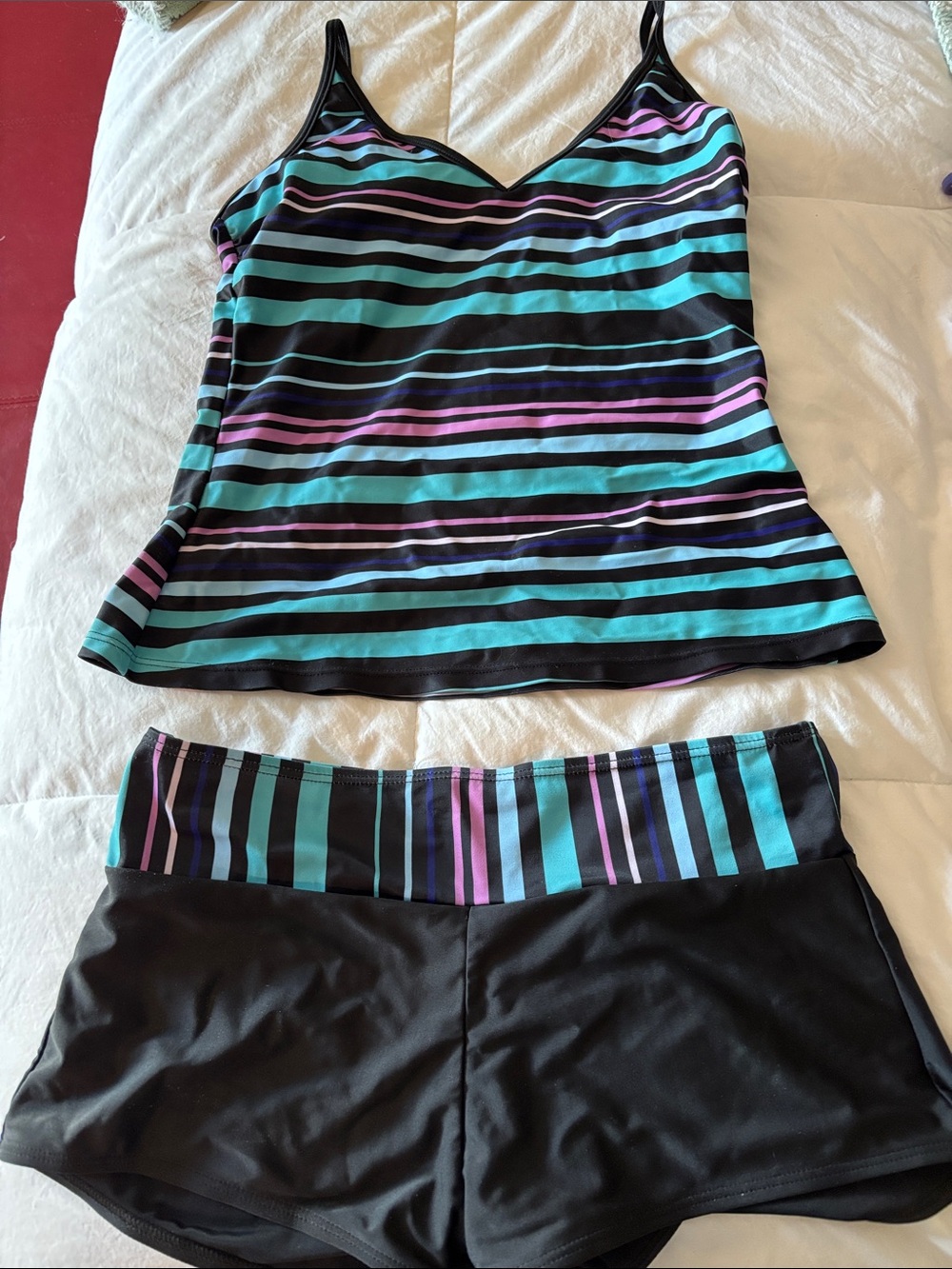 Striped Tankini Top & Swim Short Set - Black with Teal and Lavender Stripes